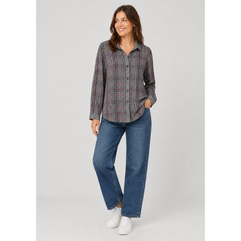 J Jill Button Front Shirt Womens Small Black White Red Plaid 100% Cotton Flannel